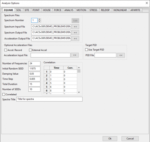  EQUAKE options window